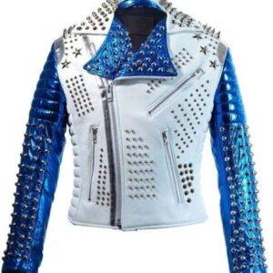 Mens Silver Studded Punk White & Blue Biker Leather Jackets