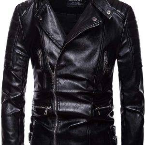 Motorcycle Long Sleeve Men’s Slim Fit Black Leather Jacket