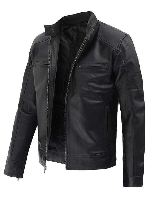 Dodge Biker Racer Black Leather Jacket - Right Jackets