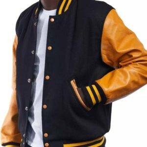 Black Wool Body Bright Gold Leather Sleeves Letterman Jacket