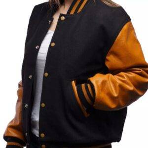Black Wool Body Old Gold Leather Sleeves Letterman Jacket