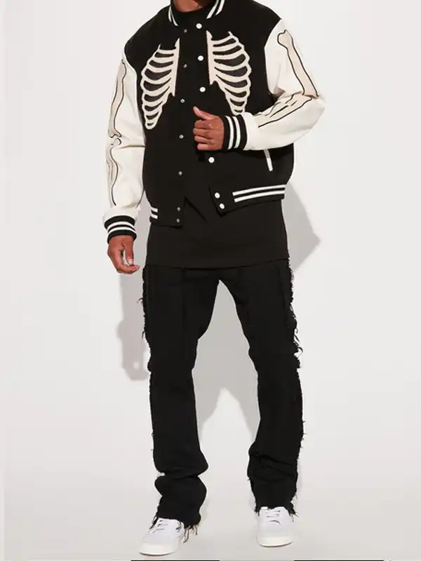 Skeleton Black White Varsity Jacket 2