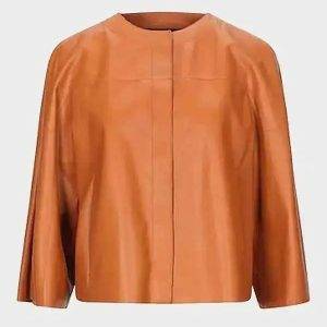 WOMEN'S TAN COLLARLESS REAL LEATHER JACKET