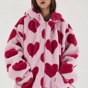 Valentine’s Day Heart Print Pink Sherpa Hoodie