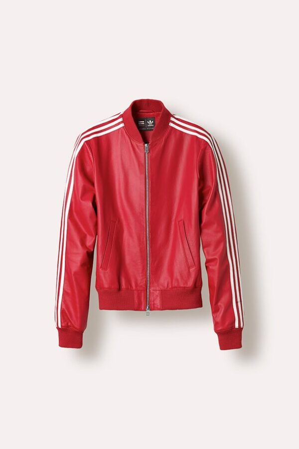 Red Adidas X Pharrell Williams White Striped Red Leather Jacket