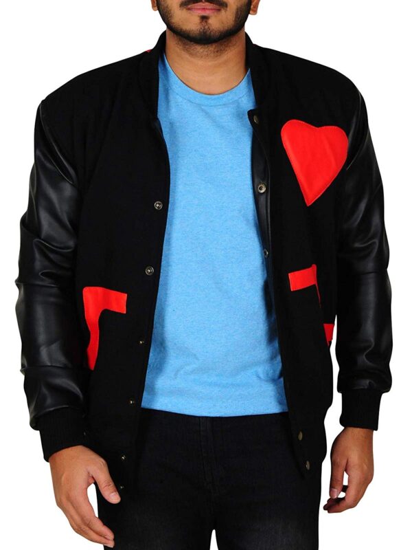 American College Leather Sleeves Heart Logo Letterman Fleece Baseball Varsity Jacket 1