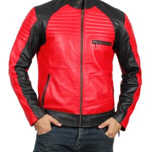 Andrew Mens Red And Black Biker Leather Jacket