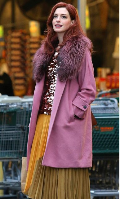 Anne Hathaway Modern Love Faux Fur Collar Coat