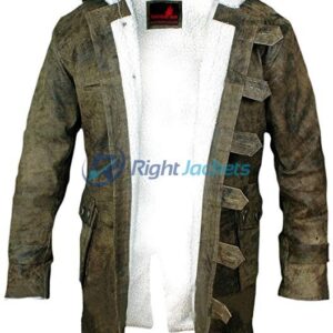 Bane Distressed Leather Shearling Green Long Coat