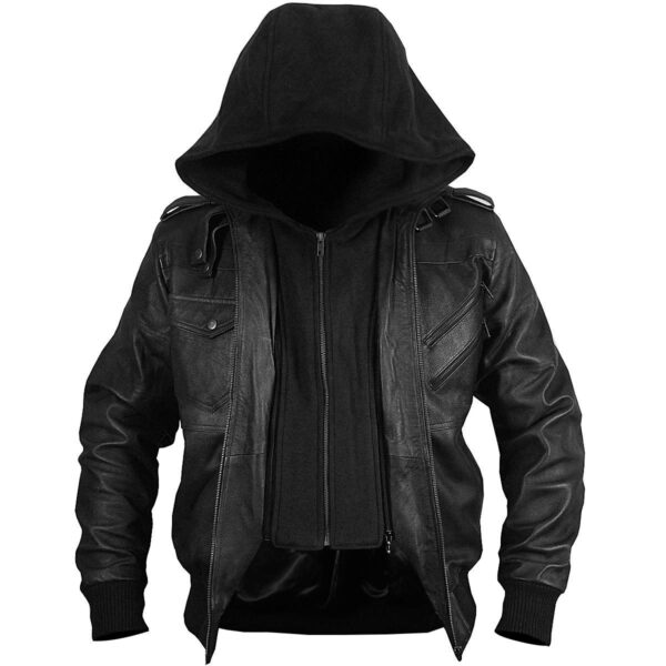Black Genuine Leather Motorcycle Jacket Bomber Style Removable Hood Jacket