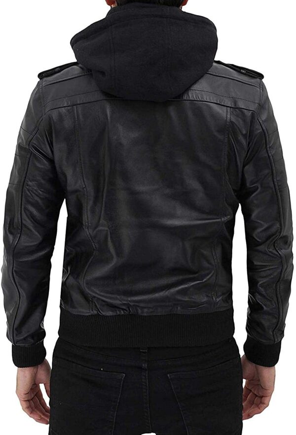 Black Genuine Leather Motorcycle Jacket Bomber Style Removable Hood Jackets