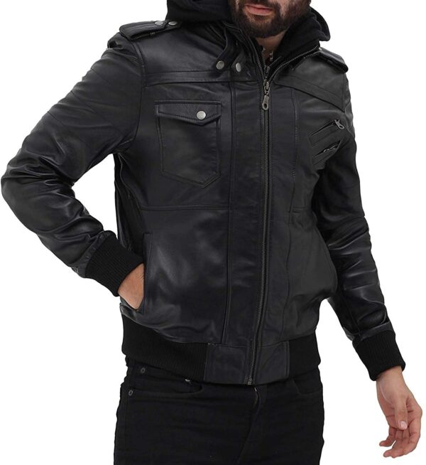 Black Genuine Leathers Motorcycle Jacket Bomber Style Removable Hood Jacket