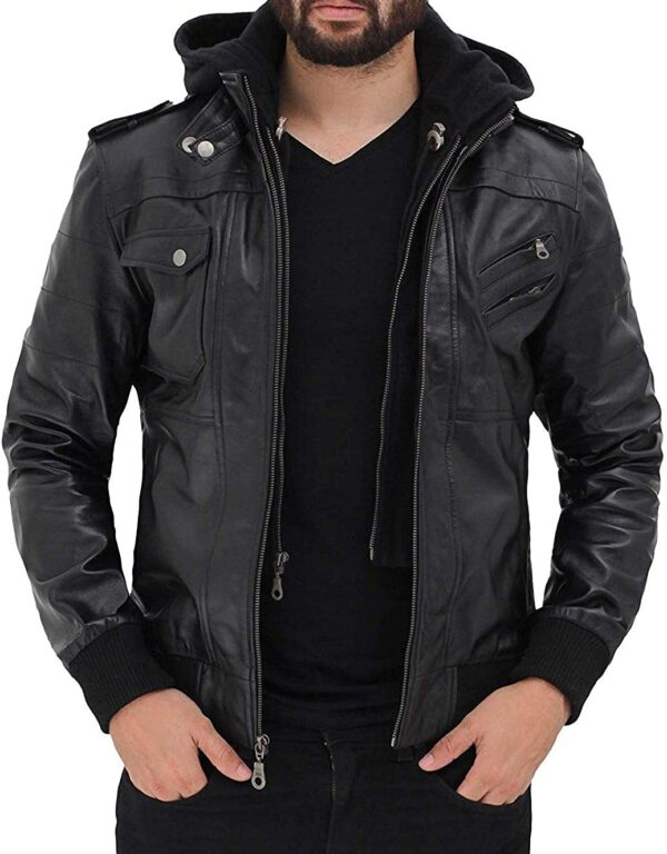 Blacks Genuine Leather Motorcycle Jacket Bomber Style Removable Hood Jacket