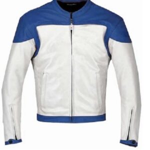 Blue and White Motorcycle Leather Jacket