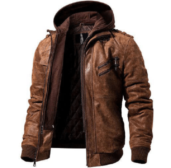 Brown Genuine Leather Motorcycle Jacket Bomber Style Removable Hood Jacket