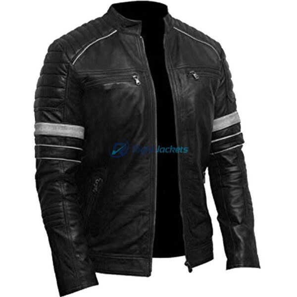 Mens Cafe Racer White Stripes Shoulder Bikers Leather Jacket
