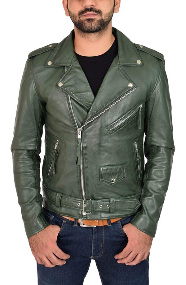 Classic Retro Green Biker Leather Jacket
