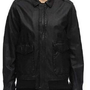 Covered Zipper Bomber Black Leather Jacket