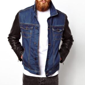 Denim Jacket With Faux Leather Sleeve