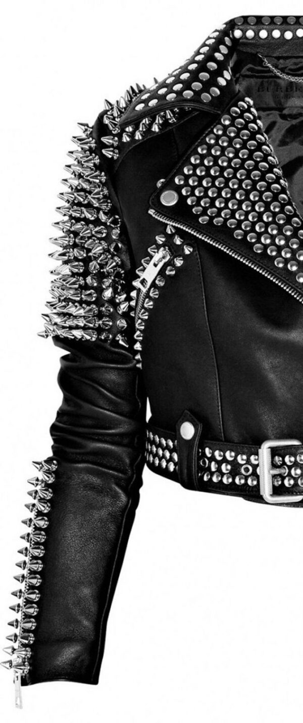 Embellished Designer Silver Handmade Studded Black Leather Jacket