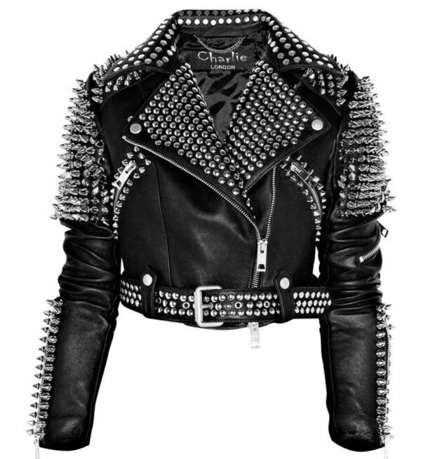 Embellished Designer Silver Handmade Studded Black Leather Jacket front