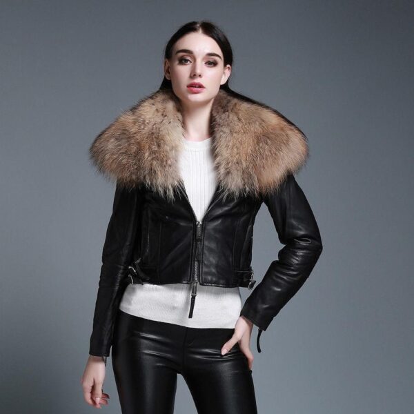Women's Genuine Sheep Black Leather Jacket with Removable Real Raccoon Fur Collar Coats