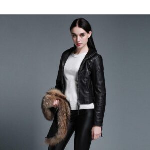 Genuine Sheep Leather Jacket With Removable Real Raccoon Fur Collar Womens Coats