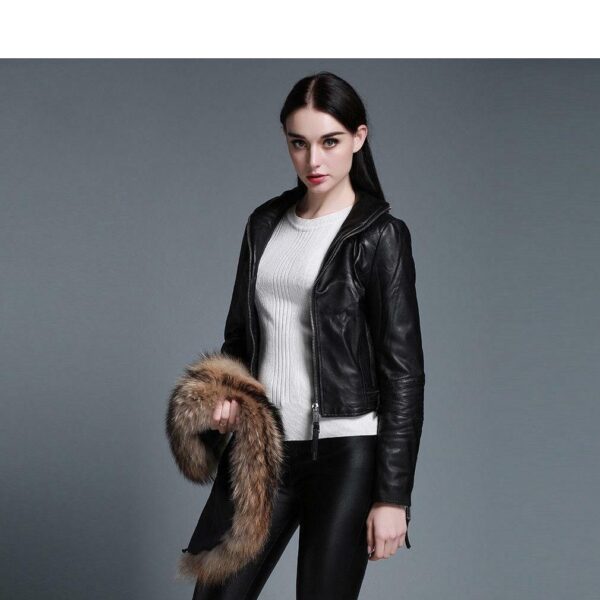 Women's Genuine Sheep Leather Jacket with Removable Real Raccoons Fur Collar Coats