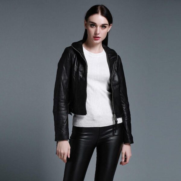 Women's Genuine Sheep Leather Jacket with Removable Reals Raccoon Fur Collar Black Coats