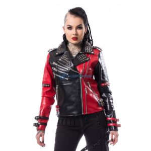 Harley Quinn Heartless Asylum Biker Black Red Leaher Jacket
