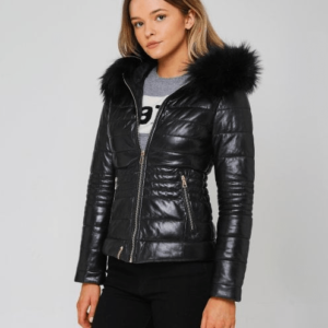 Jella Faux Fur Trim Quilted Black Leather Jacket