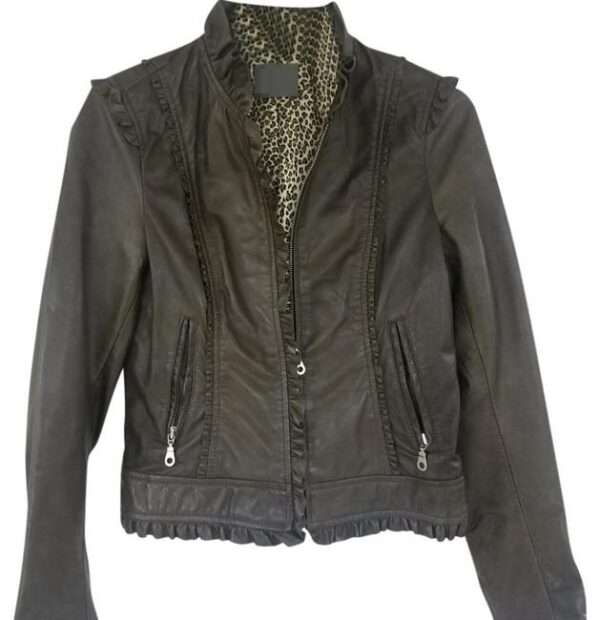 Kenna T Gray Ruffle Edge Leather Jacket