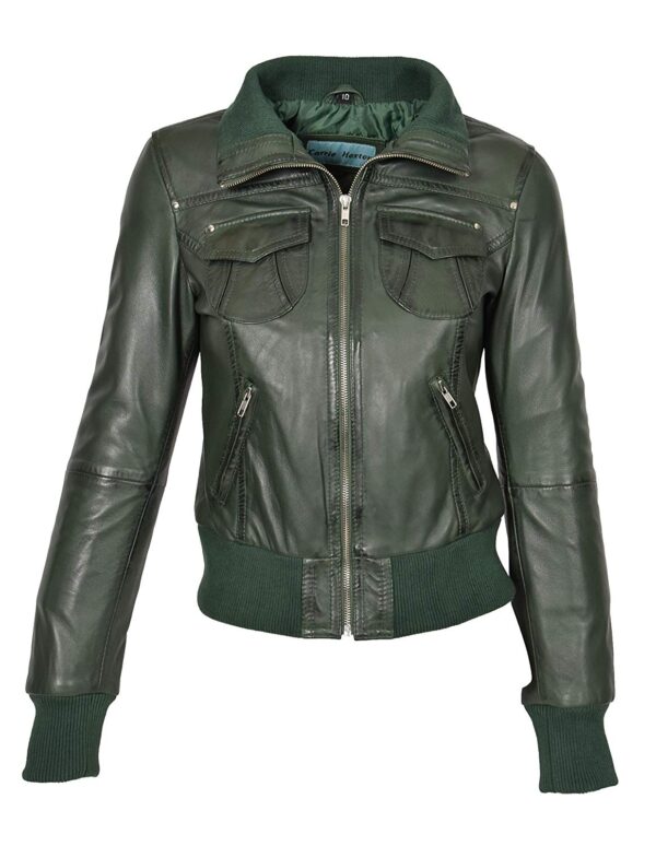 Ladies Green Bomber Real Leather Jacket