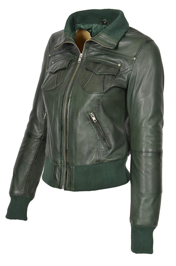 Ladies Green Bomber Leather Jacket - Right Jackets