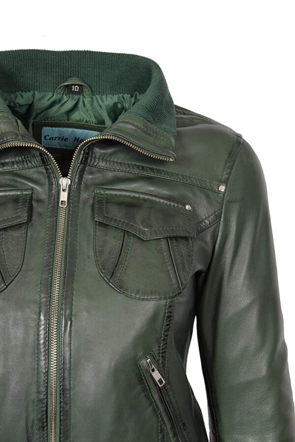 Ladies Green Bomber Real Leather Jackit