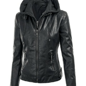 Ll Womens Hooded Faux Leather Jacket