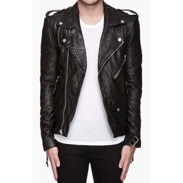 Men Asymmetrical Zipper Belted Style Black Leather Biker Jacket