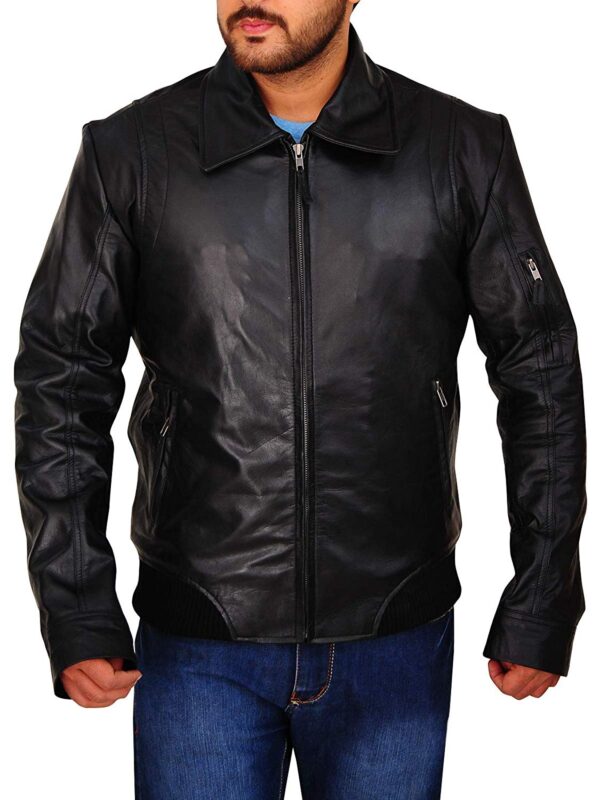Men Black Bomber Style Real Smooth Leather Jacket