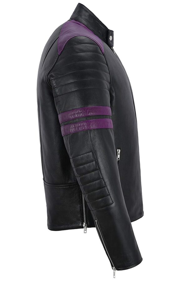 Men Black wit Purple Stripe Biker Style Leather Jacket