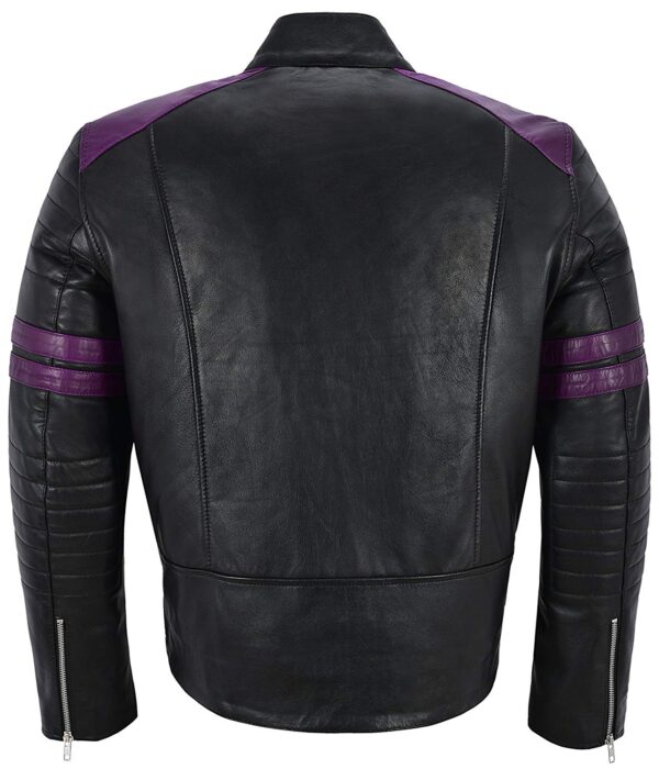 Men Black with Purple Stripe Biker Style Leather Jacket