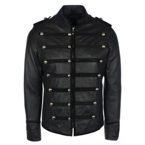 Men Military Style Black Leather Jacket