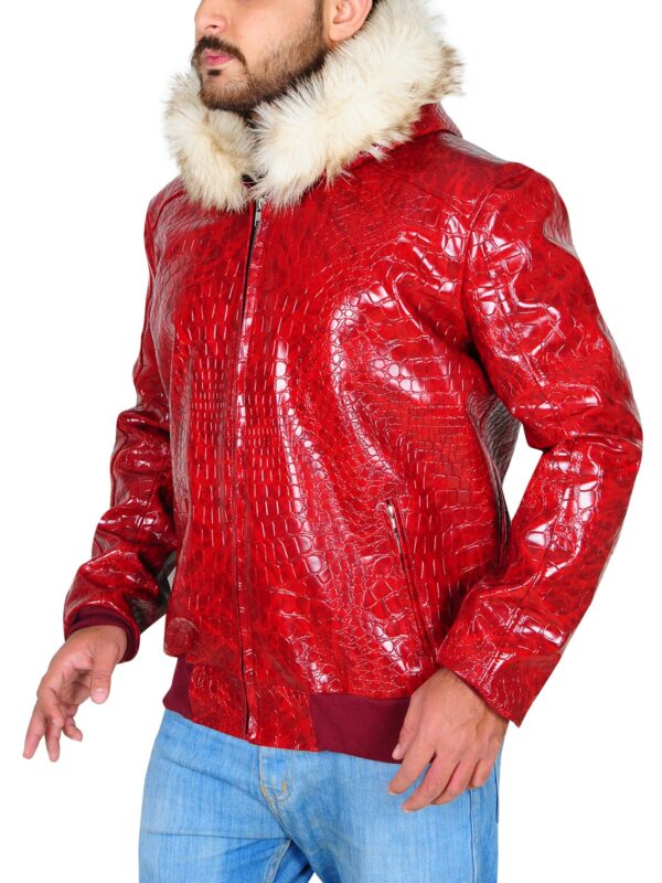 Men Red Crocodile Shearling Leather Jacket
