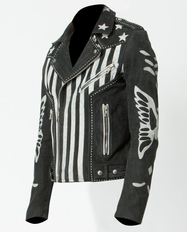 Mens American Flag Print Designer Leather Jackets Side