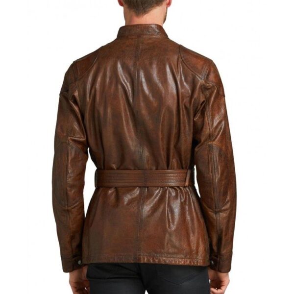 Mens Biker Belted Waxed Brown Leather Jacket