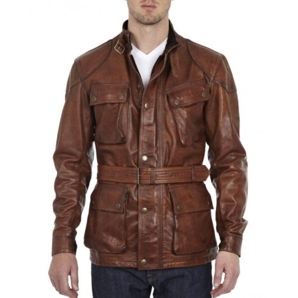 Mens Biker Belted Waxed Brown Leather Jackets
