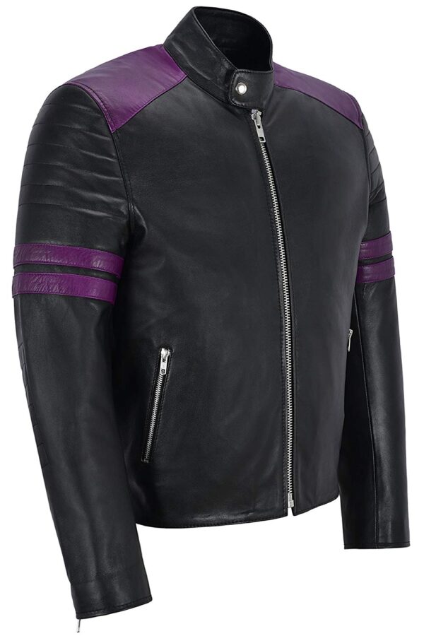 Mens Black with Purple Stripe Biker Leather Jacket
