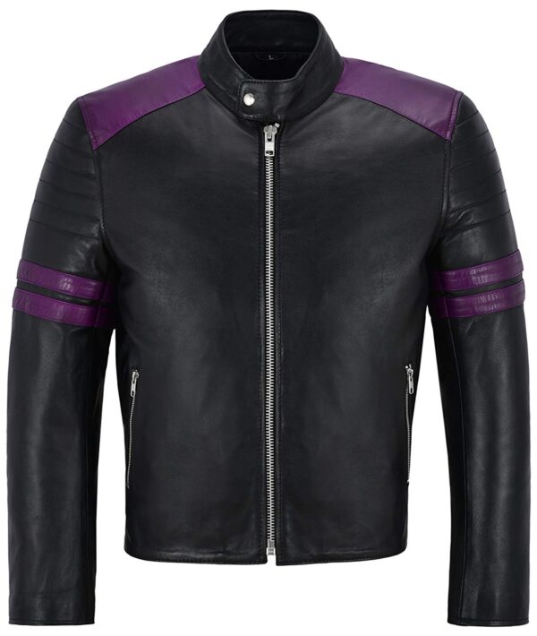 Mens Black with Purple Stripe Biker Style Leather Jacket
