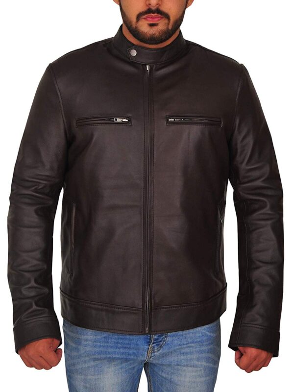 Mens Casual Wear Washed Brown Biker Style Slim Fit Leather Jacket