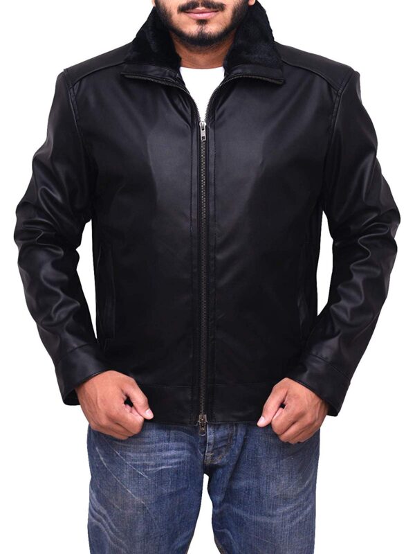 Mens Genuine Motorcycle Bomber Leather Jacket Shearling Collar