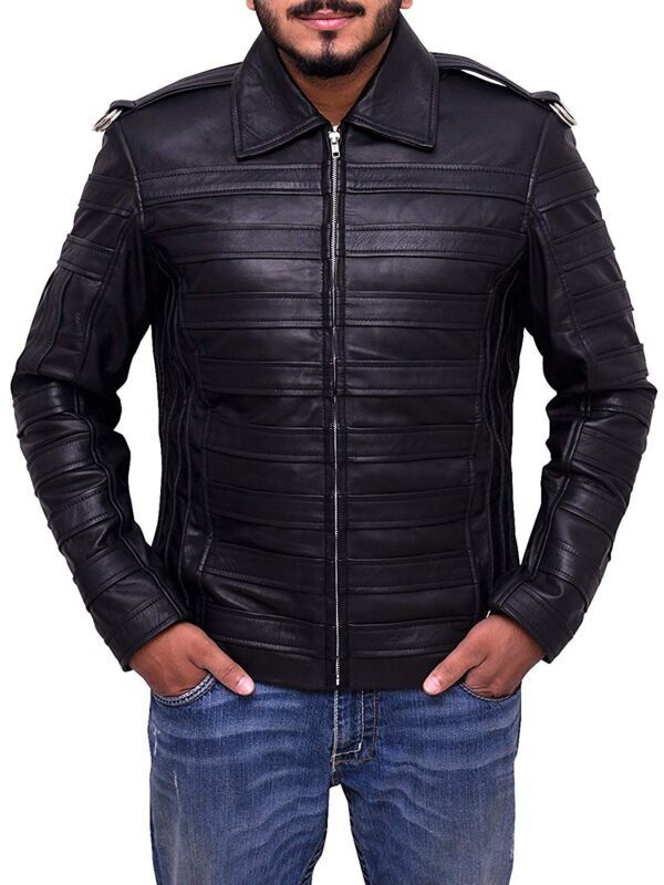 Mens Leather Jacket Casual Biker Stripes Soft Leather Jacket